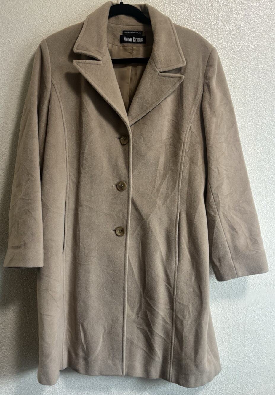 Vintage Marvin Richards 100% Wool Peacoat Single Breasted Tan Woman's Size L